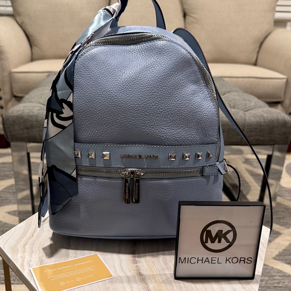 Michael Kors Kenly Blue Leather Studded Backpack - Picture 3 of 17
